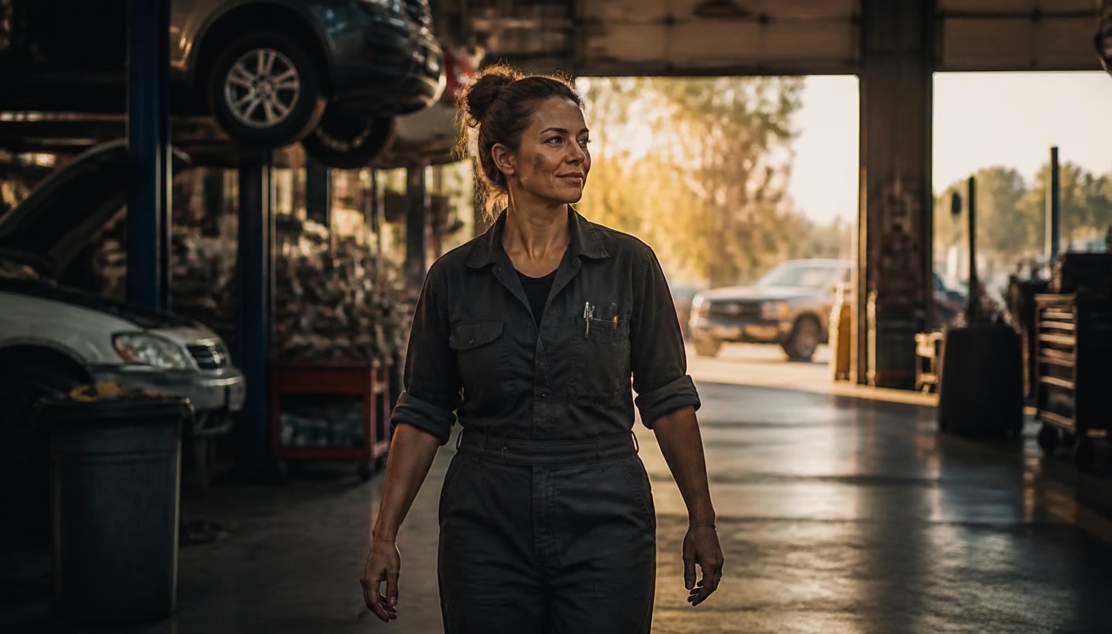 Auto shop owner walking confidently through her repair shop