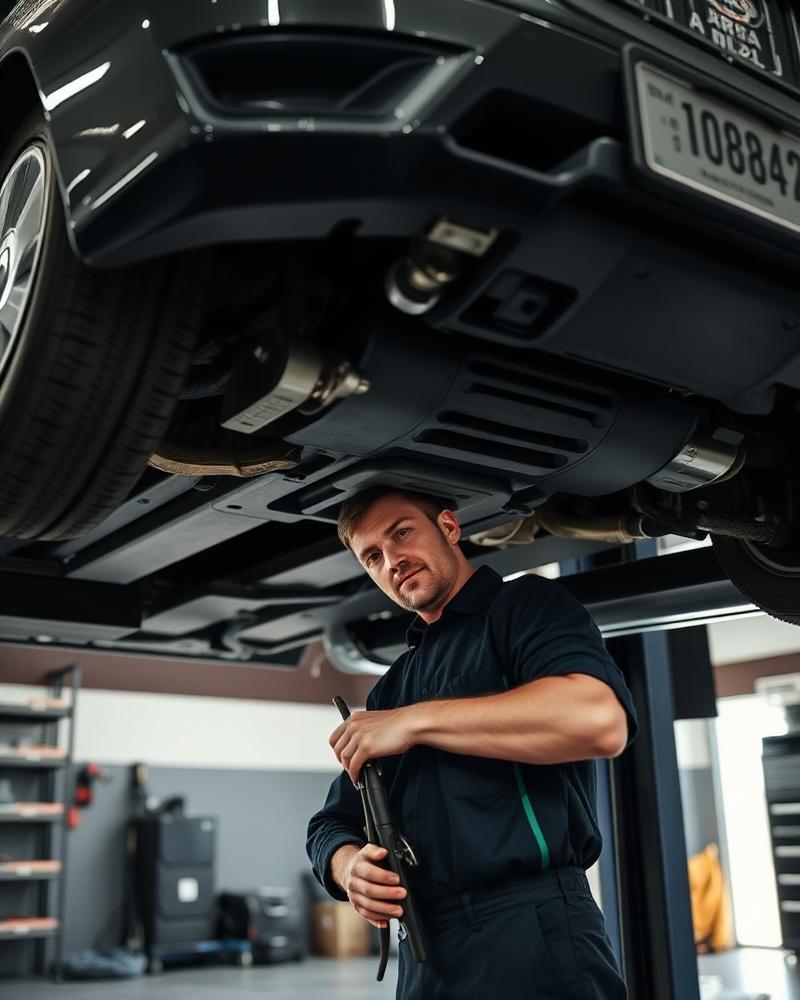 Mechanic working underneath a lifted car in a garage