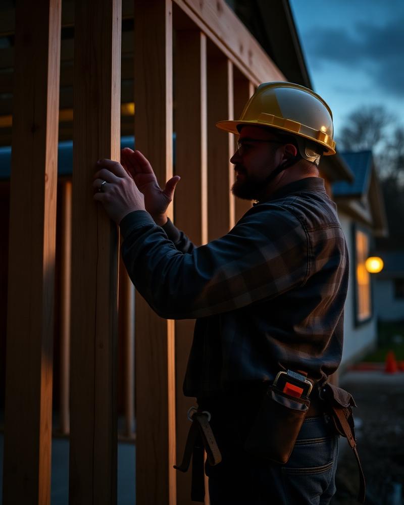Contractor framing a wall on a residential job site at dusk
