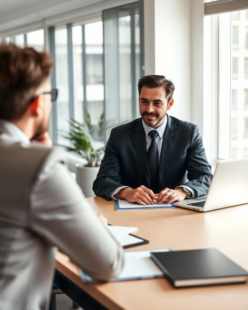 Attorney meeting a client across a desk in a modern office