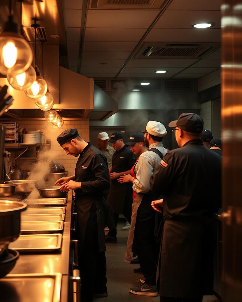 Busy restaurant kitchen line during dinner service