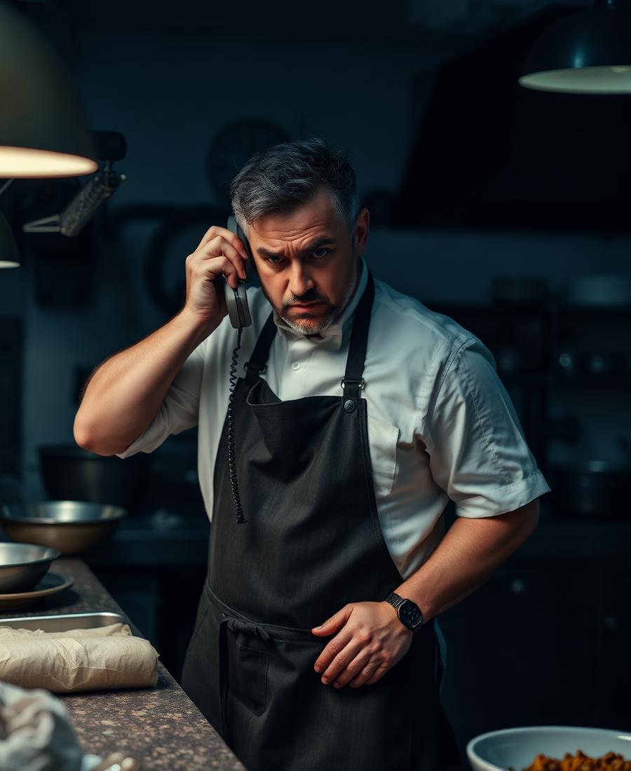 Restaurant owner interrupted mid-task by a ringing phone